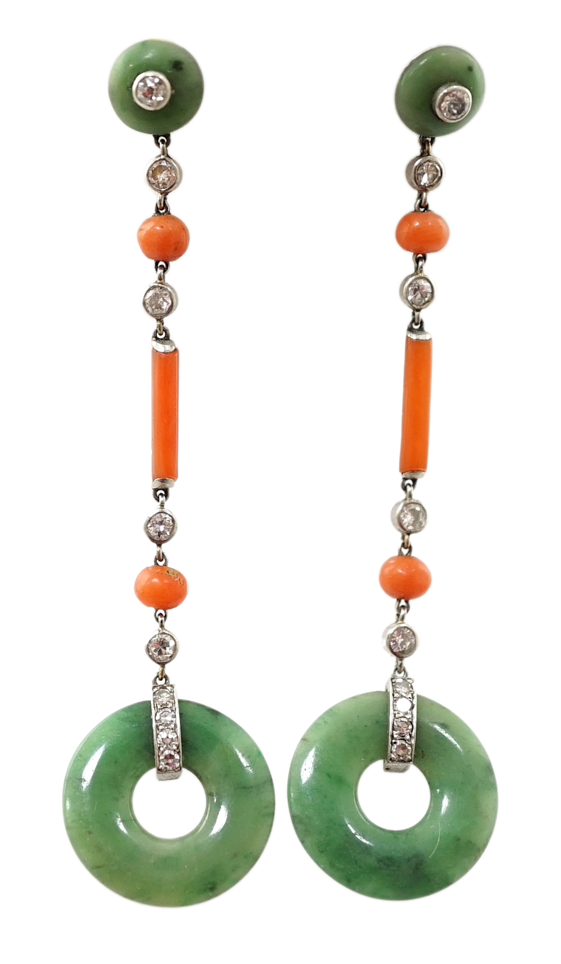 A pair of Art Deco Marzo platinum?, jadeite disc, coral and diamond set drop earrings